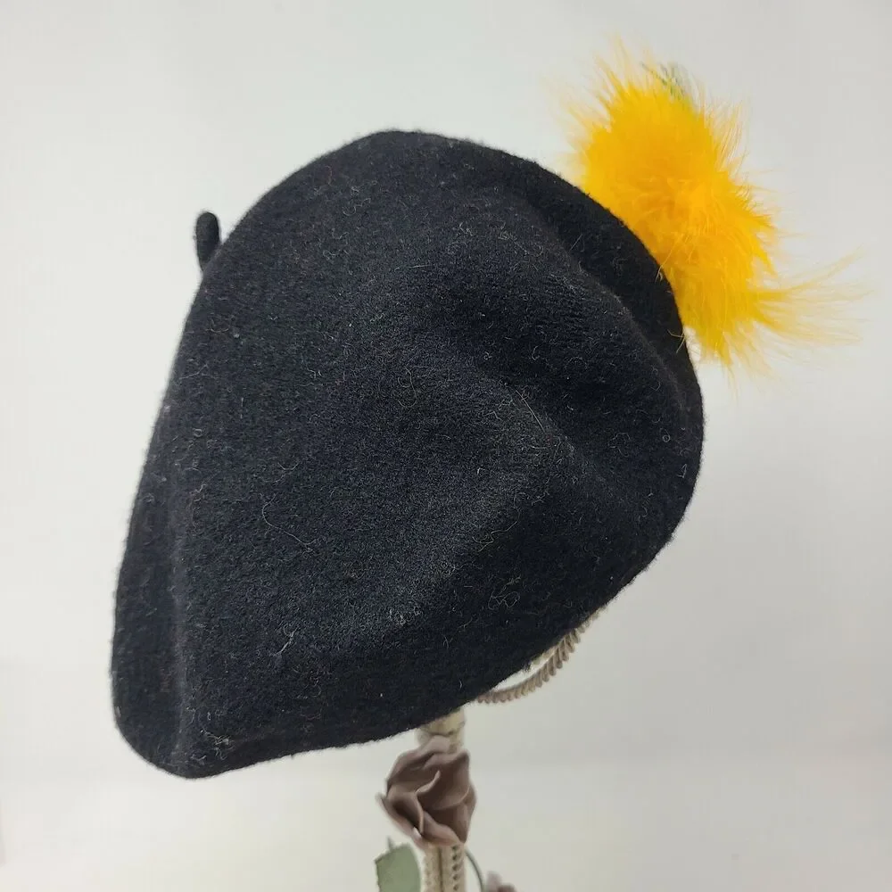 Vintage Yellow Feather Womens Black 100% Wool Basque Beret Christina NYC Artsy